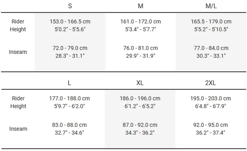 trek x caliber size chart