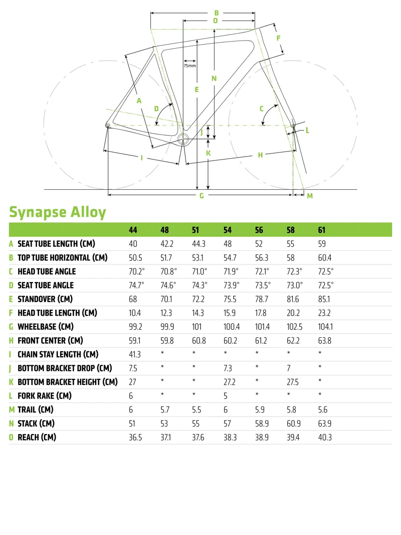 cannondale road bikes size chart