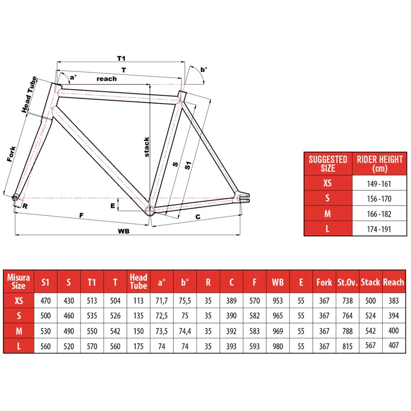 Cinelli tipo pista size chart 2025