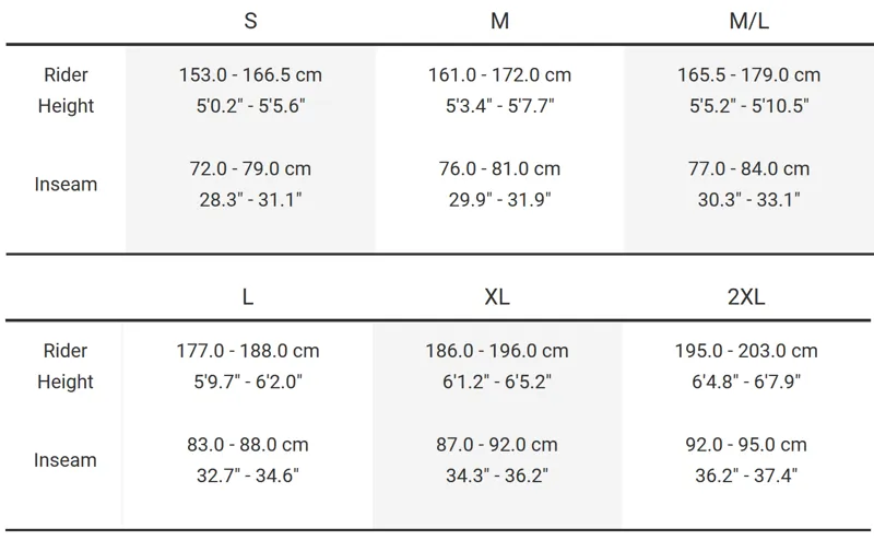Trek supercaliber outlet size chart