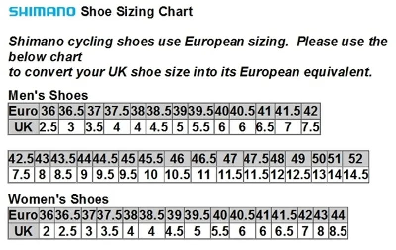 shimano road shoes size chart