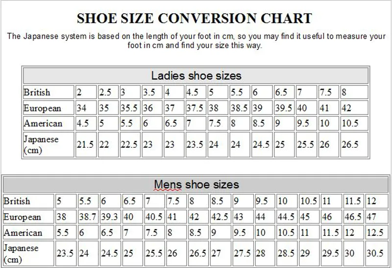 Shoe sizes chart